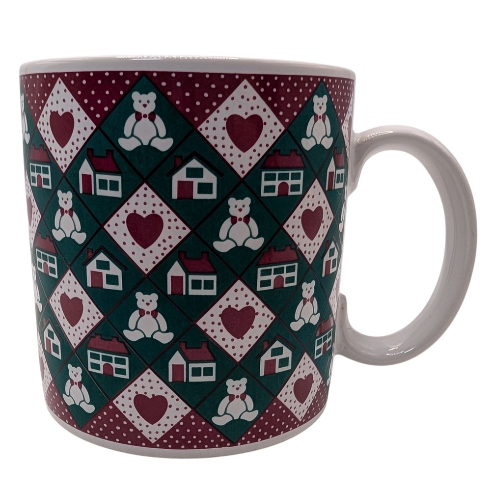 Vintage Applause‎ Mug Teddy Bear and Hearts Ceramic Red Green 1987 Twelve Ounce